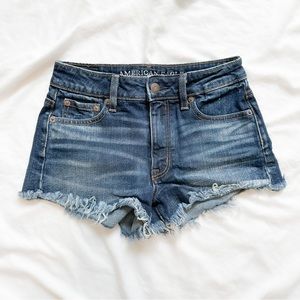 American Eagle Frayed Raw Hem Vintage Hi Rise Festival Jean Shorts Dark Wash